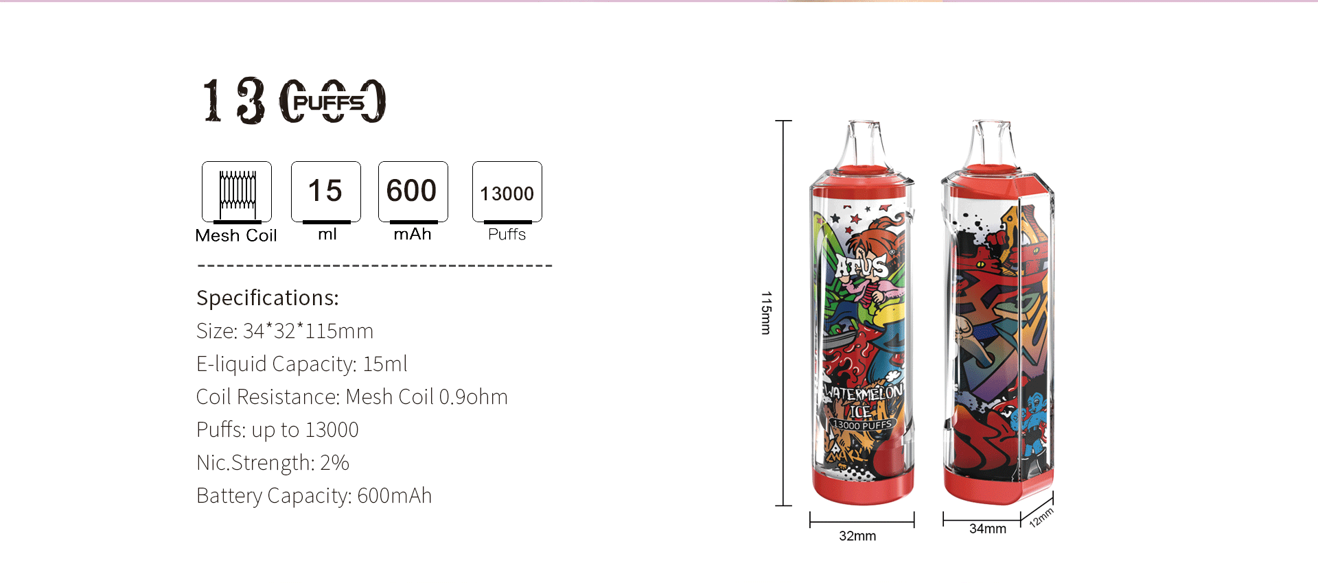 DE018 Vaper Desechable Puffs 13000 Caladas Vapers ATVS Vape