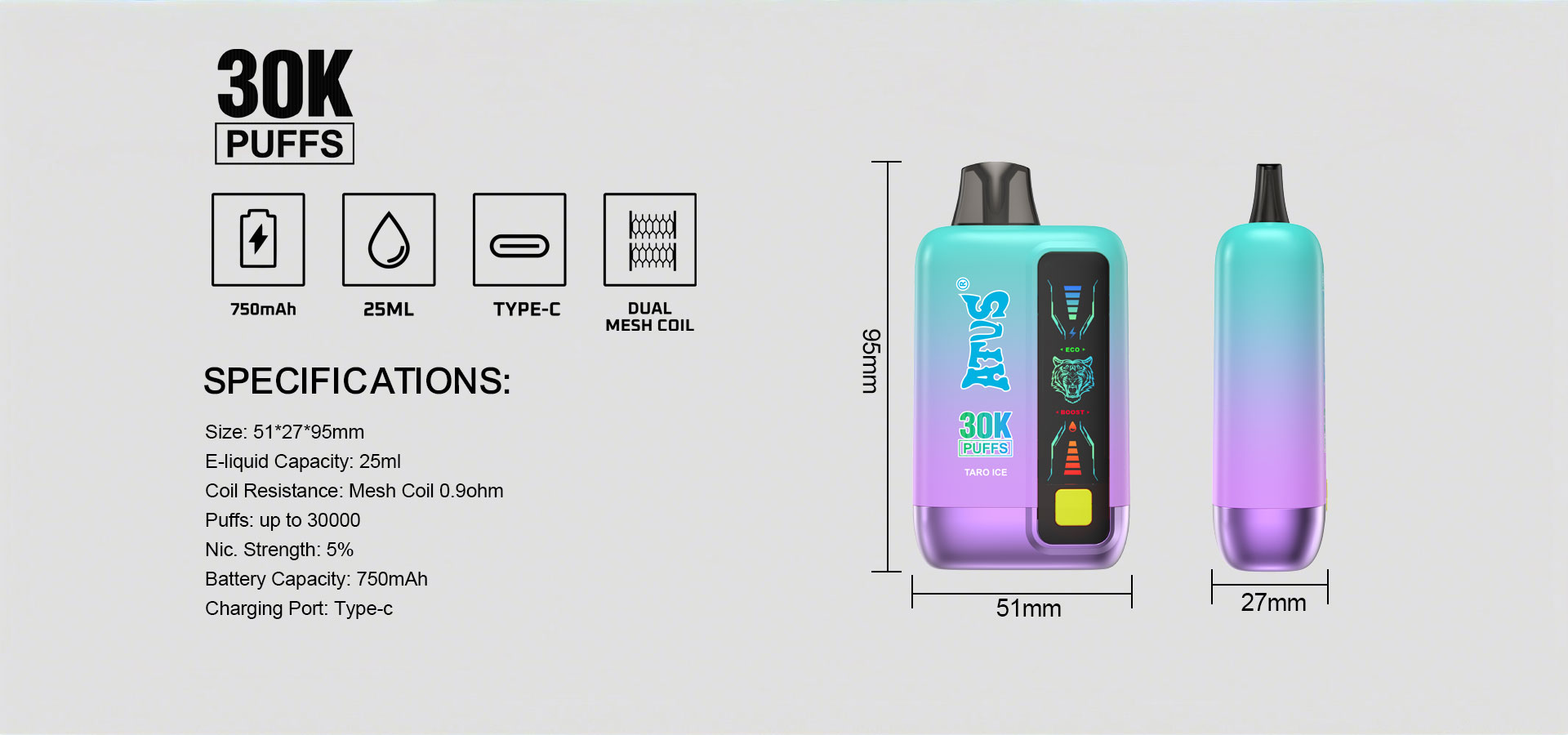 DE026 30000 Puffs Vape desechable con pantalla LED y flujo de aire ajustable ATVS Vape